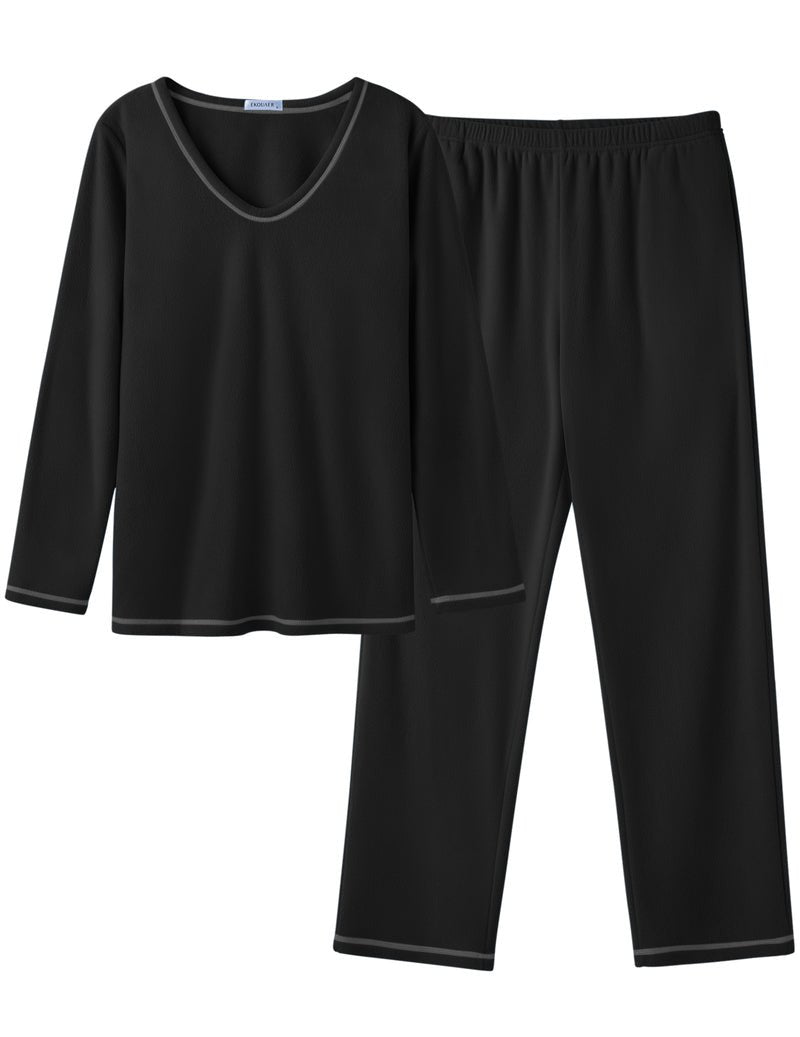 Black 2-piece lounge set flat lay: long-sleeve V-neck top and elastic-waist pants