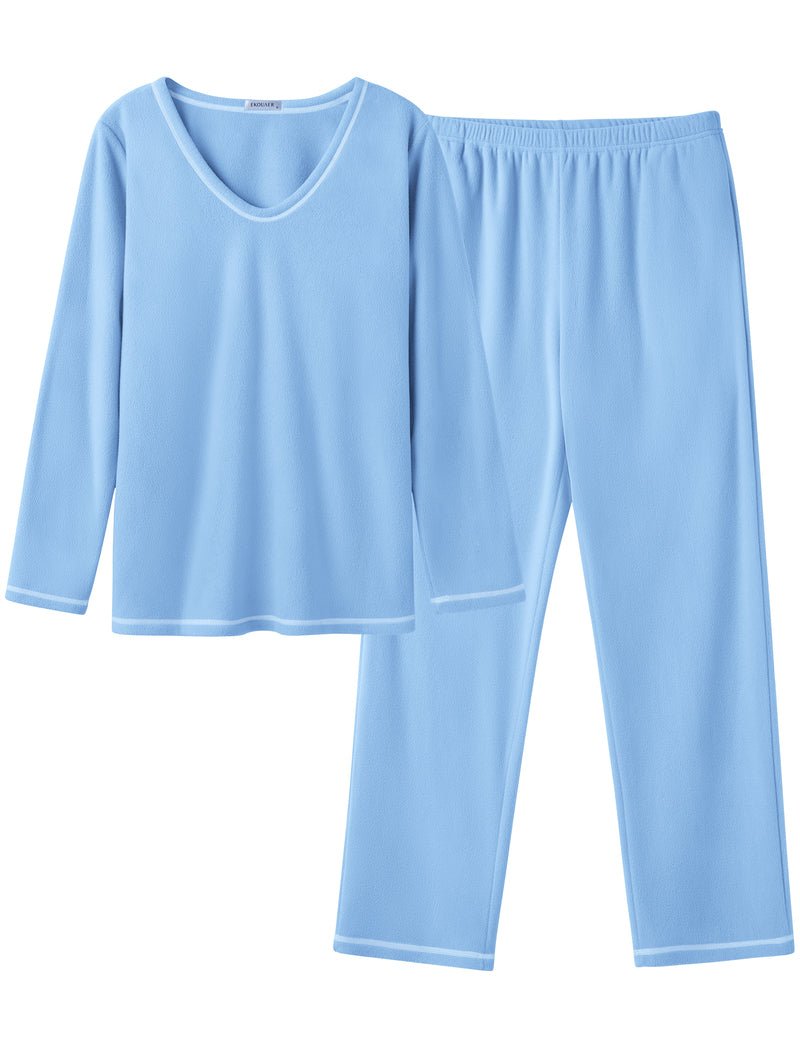 Light blue long-sleeve lounge top and wide-leg pants set, soft fuzzy knit