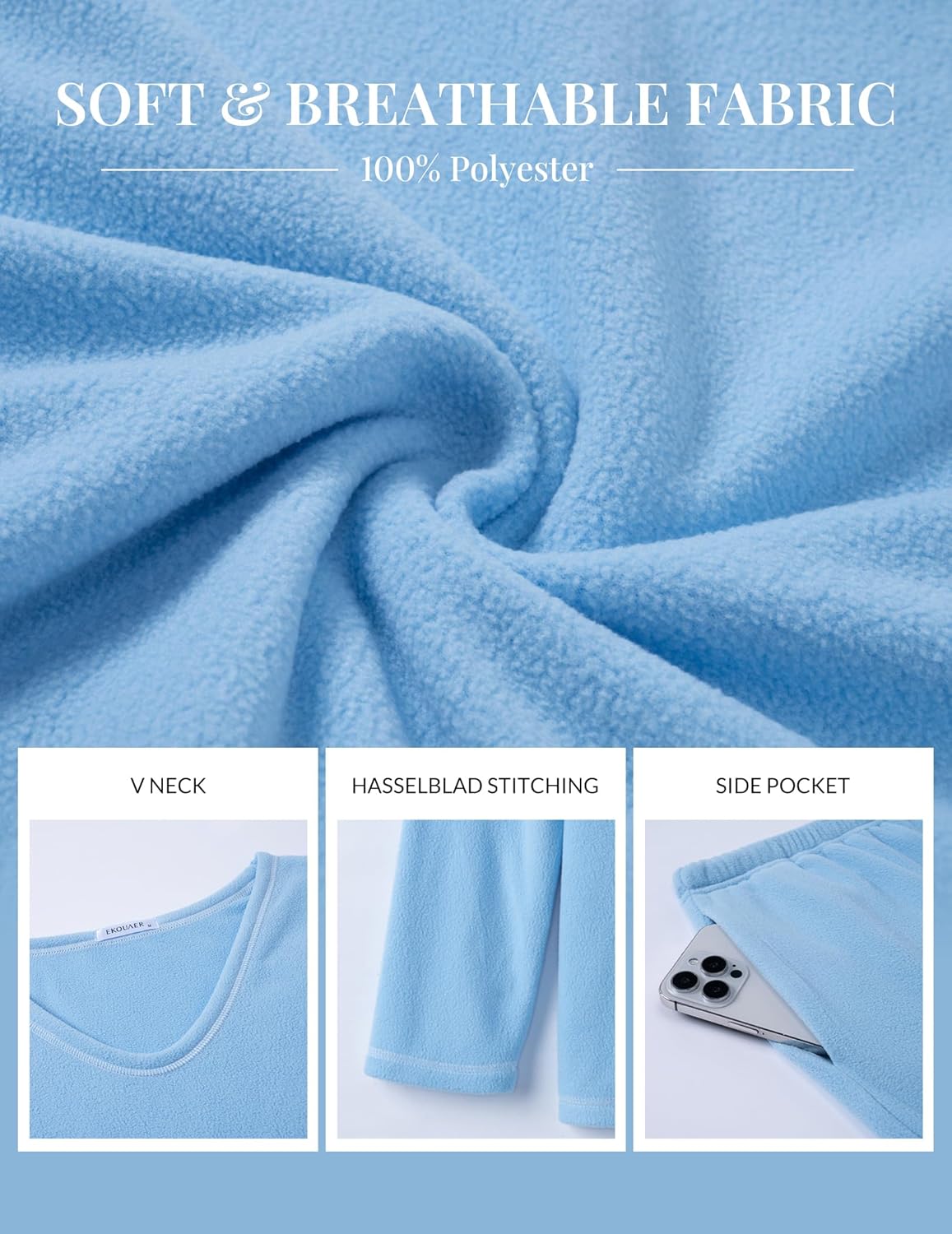 Blue fuzzy lounge set fabric close-up: V-neck top, sleeve cuffs, side pockets