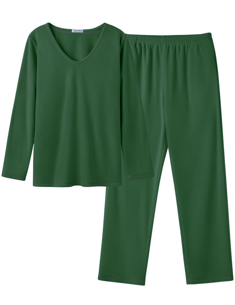 Green 2-piece lounge set: long-sleeve V-neck top and elastic-waist wide-leg pants