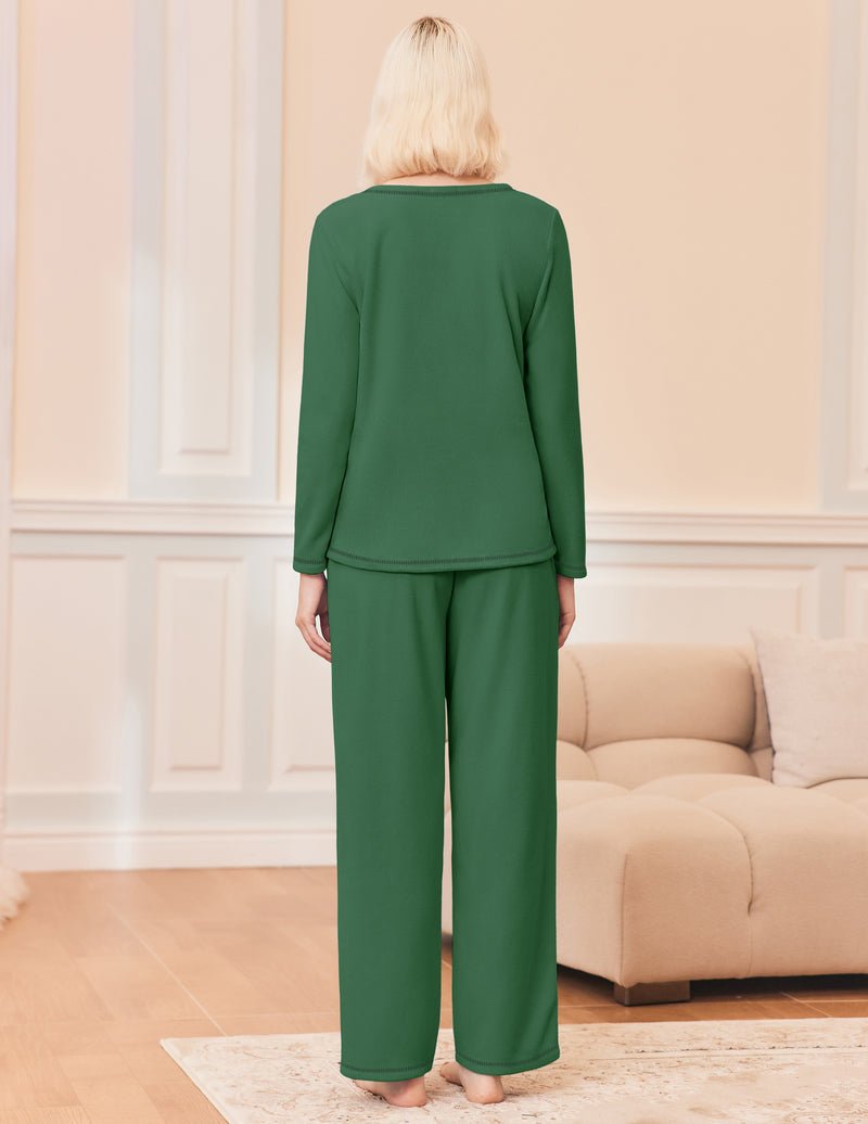 Christmas green 2-piece lounge set, long-sleeve top and wide-leg pants from back view