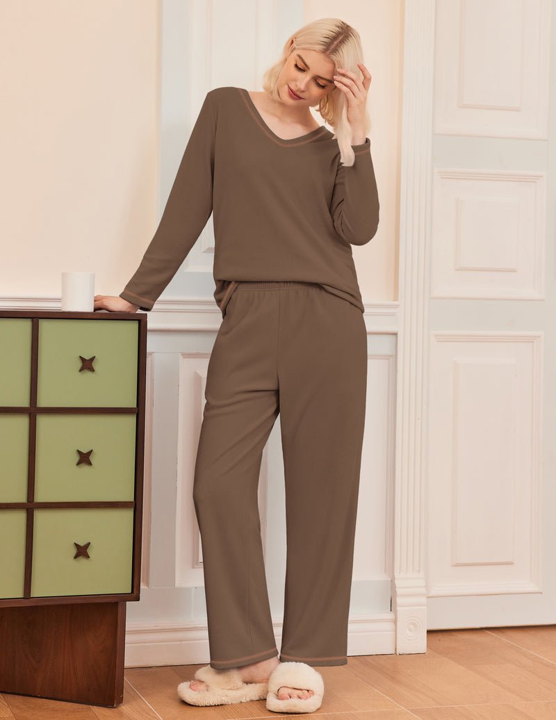 Brown 2-piece lounge set with long-sleeve V-neck top and relaxed wide-leg pants