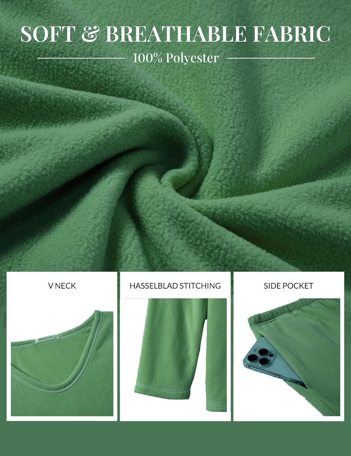 Soft green lounge fabric close-up with V-neck, side pockets, and stitched details (100% polyester)