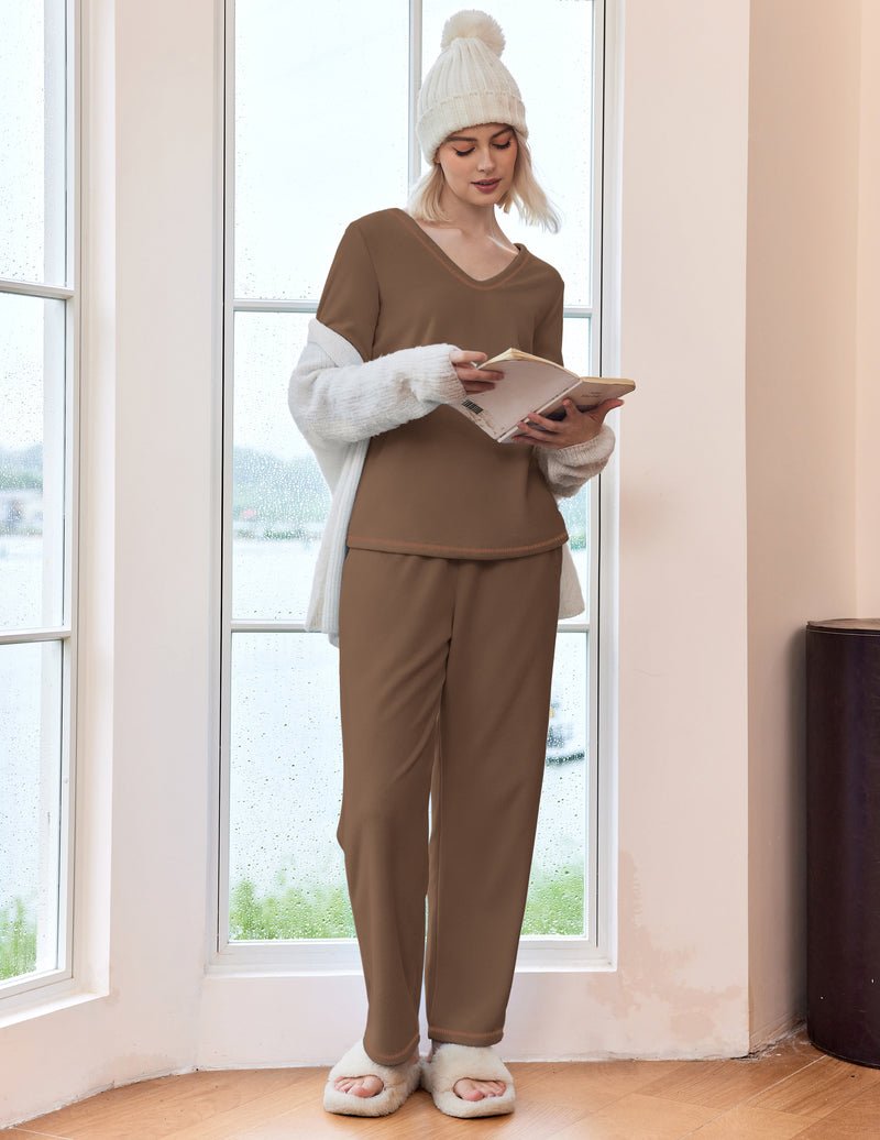 Brown lounge set: long-sleeve top and matching wide-leg pants with elastic waistband