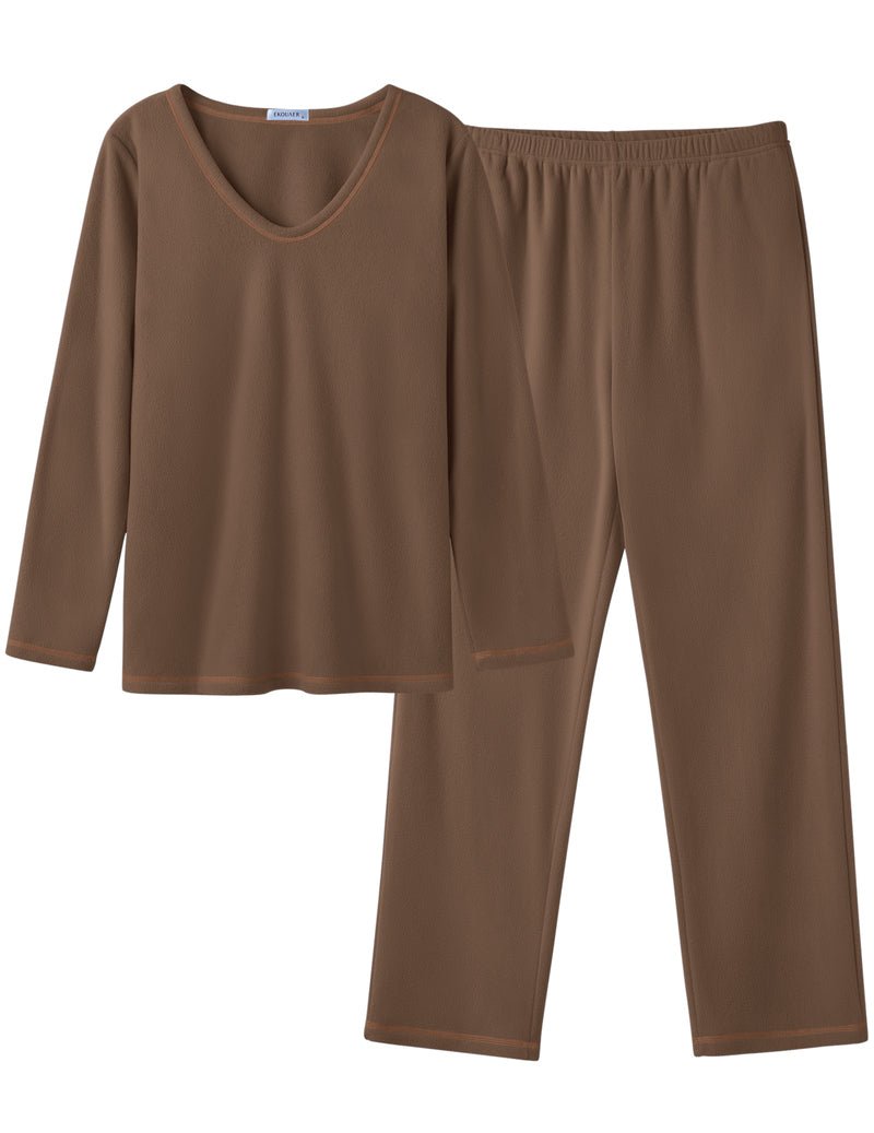 Brown 2-piece lounge set: long-sleeve V-neck top with elastic-waist wide-leg pants