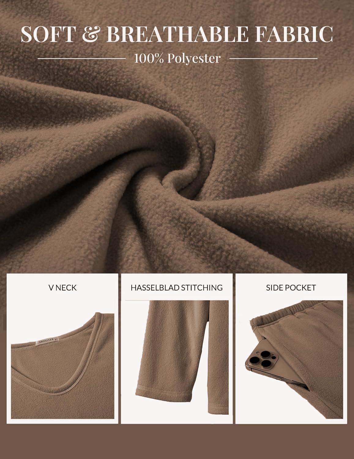 Soft brown lounge fabric close-up with V-neck, side pocket, and stitched construction