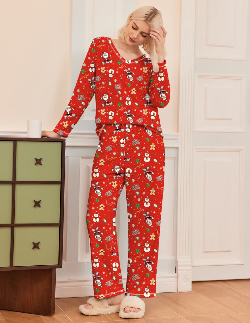 Red Christmas print 2-piece fuzzy lounge set, long sleeves and matching pants