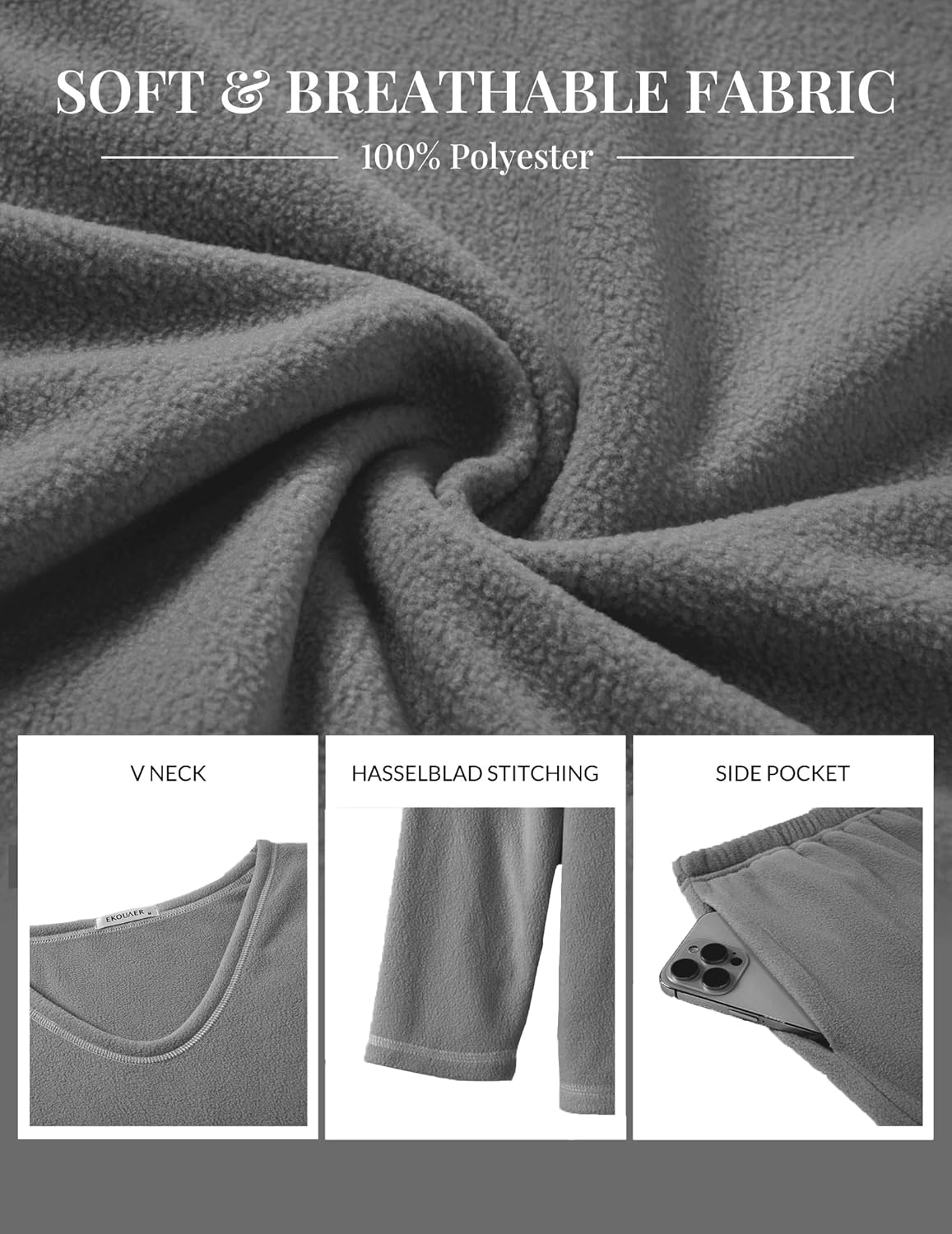 Grey fuzzy lounge set fabric close-up: V-neck, long sleeves, side pockets