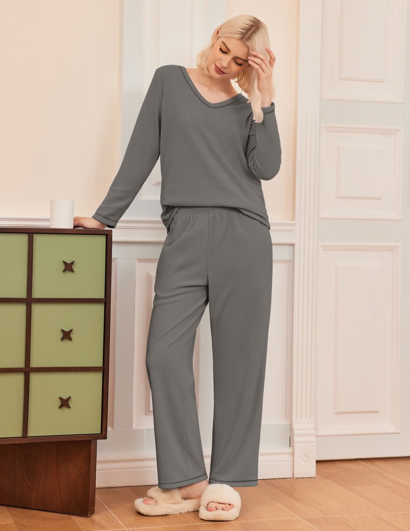 Grey fuzzy 2-piece lounge set with long-sleeve top and wide-leg pants