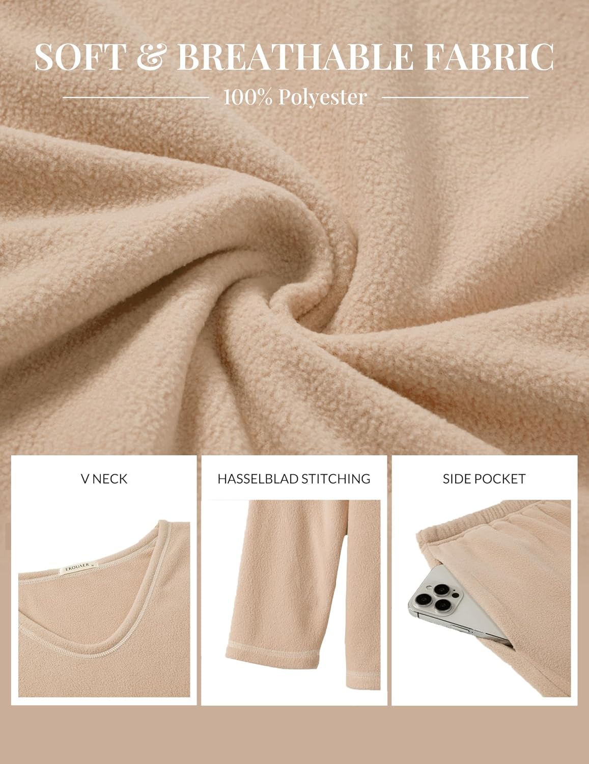 Beige fuzzy fabric close-up; soft plush texture with V-neck and side pocket details