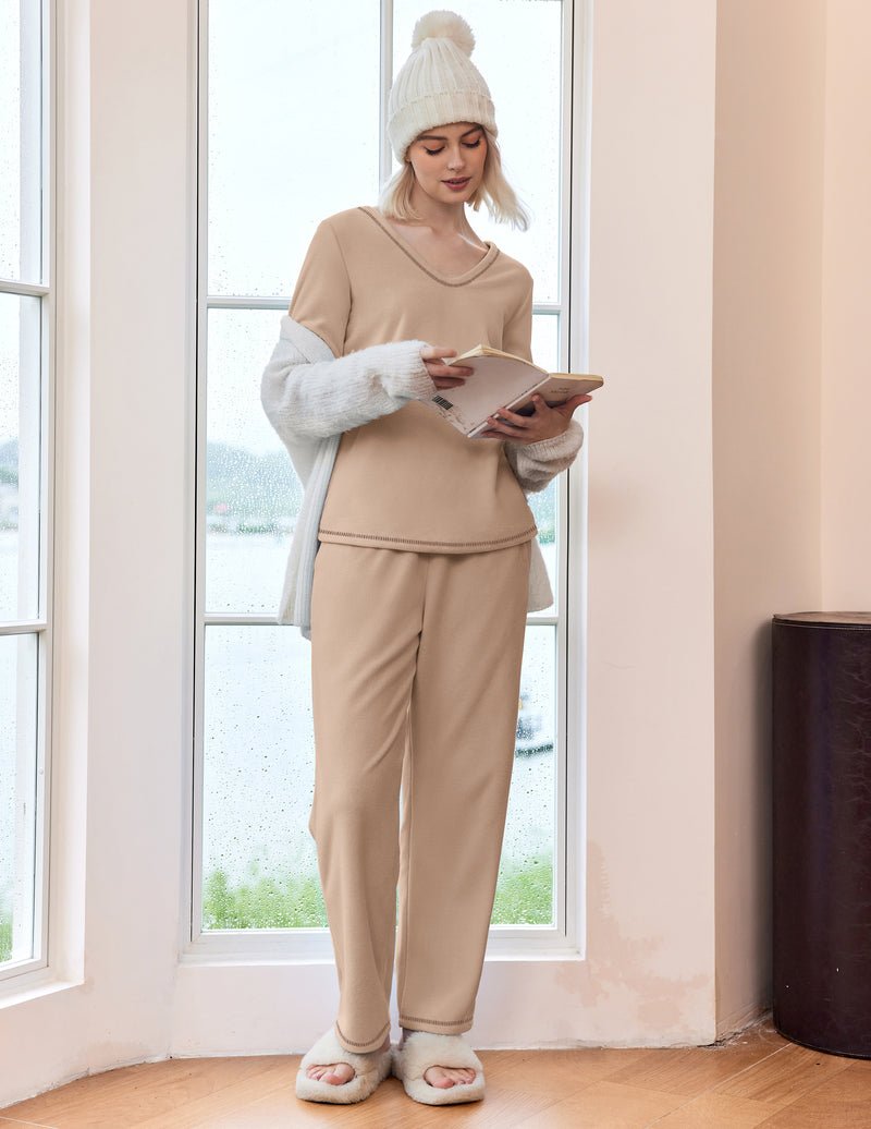 Khaki fuzzy lounge set: long-sleeve V-neck top and elastic-waist lounge pants