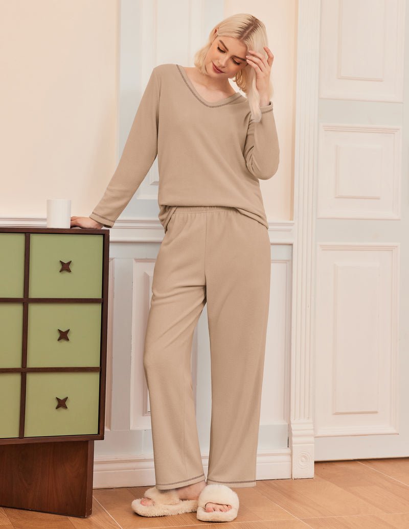 Khaki fuzzy lounge set: long-sleeve top and elastic-waist lounge pants