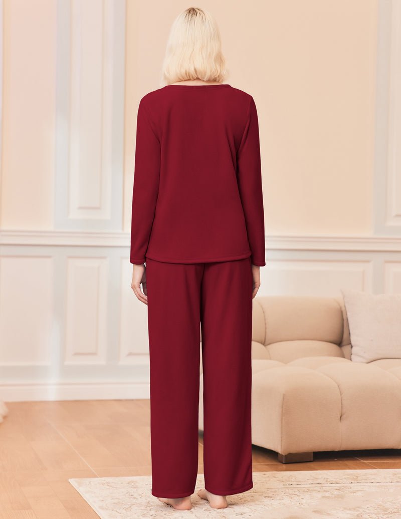 Wine-red fuzzy lounge set, back view with long sleeves and matching straight-leg pants