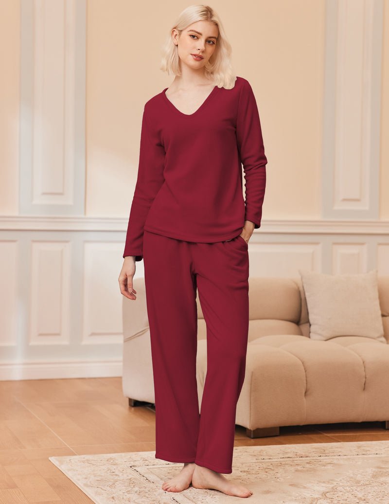 Wine-red fuzzy lounge set, long-sleeve V-neck top and wide-leg pants