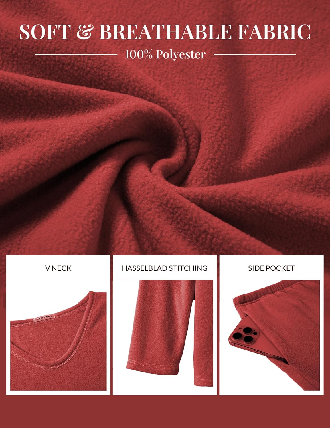 Burgundy fuzzy fabric details: V-neck, side pocket, and long-sleeve stitching