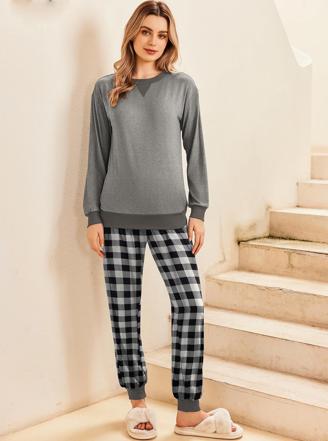 Dark grey long-sleeve pajama top with black-and-white plaid jogger pants