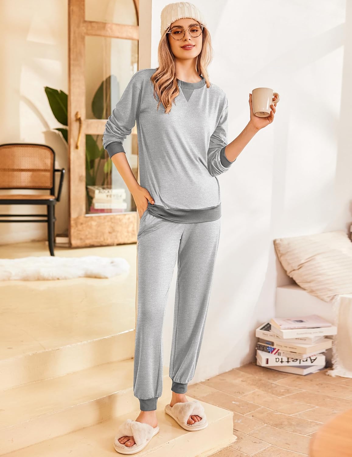 Heather grey pajama set: long-sleeve top and relaxed jogger pants