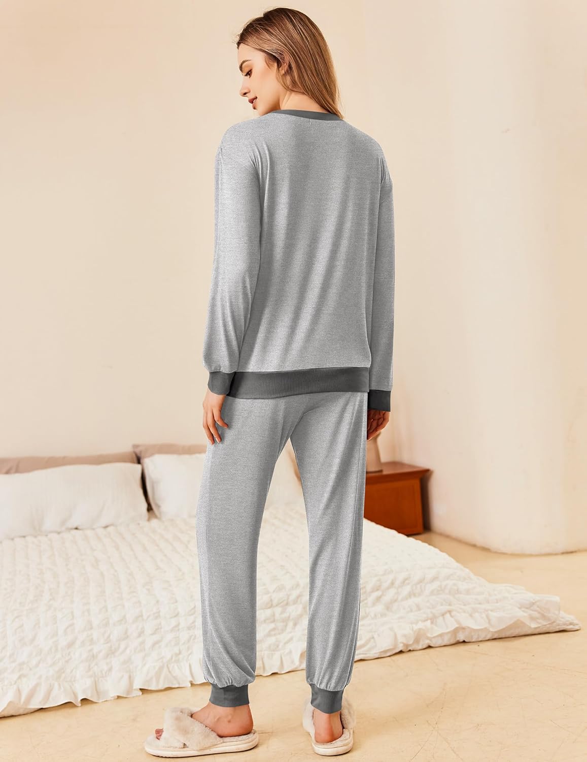 Back view: heather grey long-sleeve pajama top with matching jogger pants