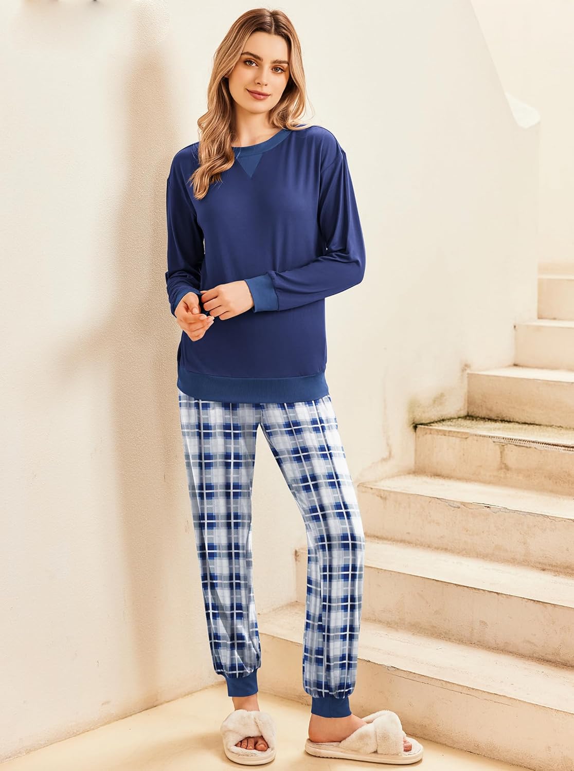 Deep blue long-sleeve pajama top with blue plaid jogger pants, 2-piece set