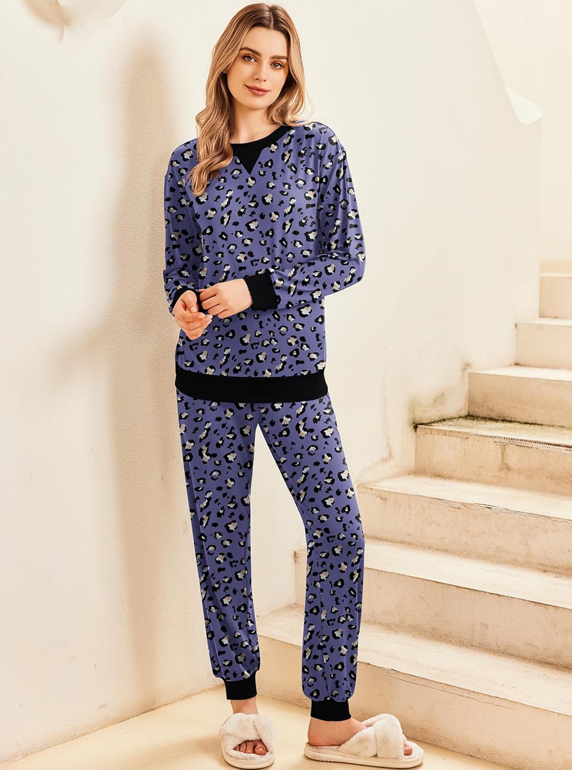 Purple leopard 2-piece pajama set with long-sleeve top and tapered jogger pants