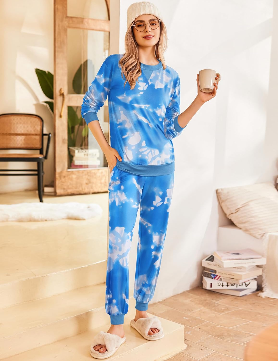 Blue tie-dye 2-piece jogger pajama set with long-sleeve top and matching pants
