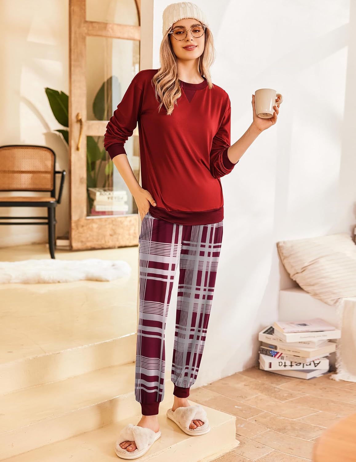 2-teiliger Jogger-Pyjama Wine Red mit Karohose, langärmeliges Oberteil und Jogger-Look