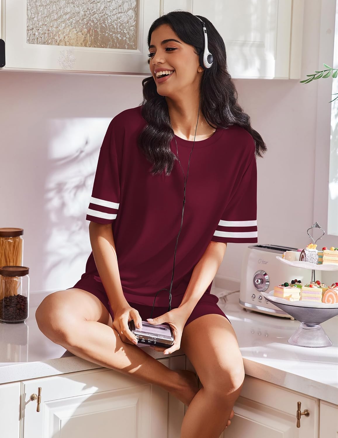 Wine red lounge set with striped short sleeves and matching shorts