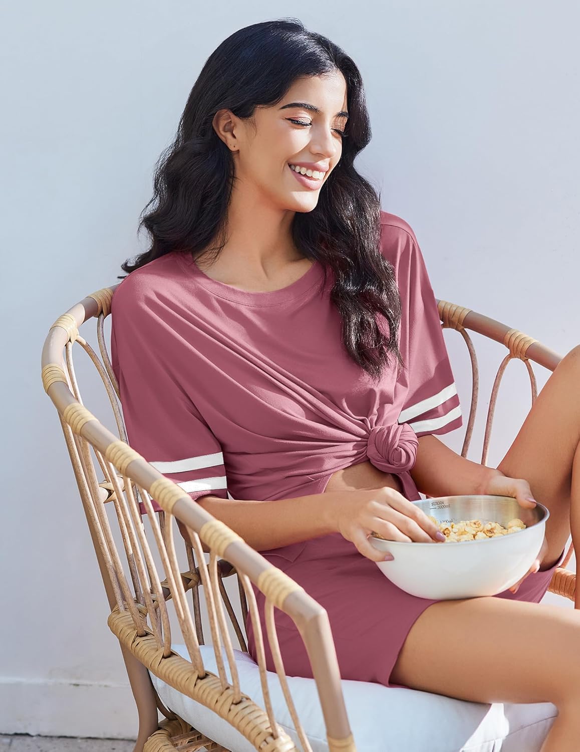 Two-piece lounge set in dusty rose with twisted front oversized top and matching shorts.