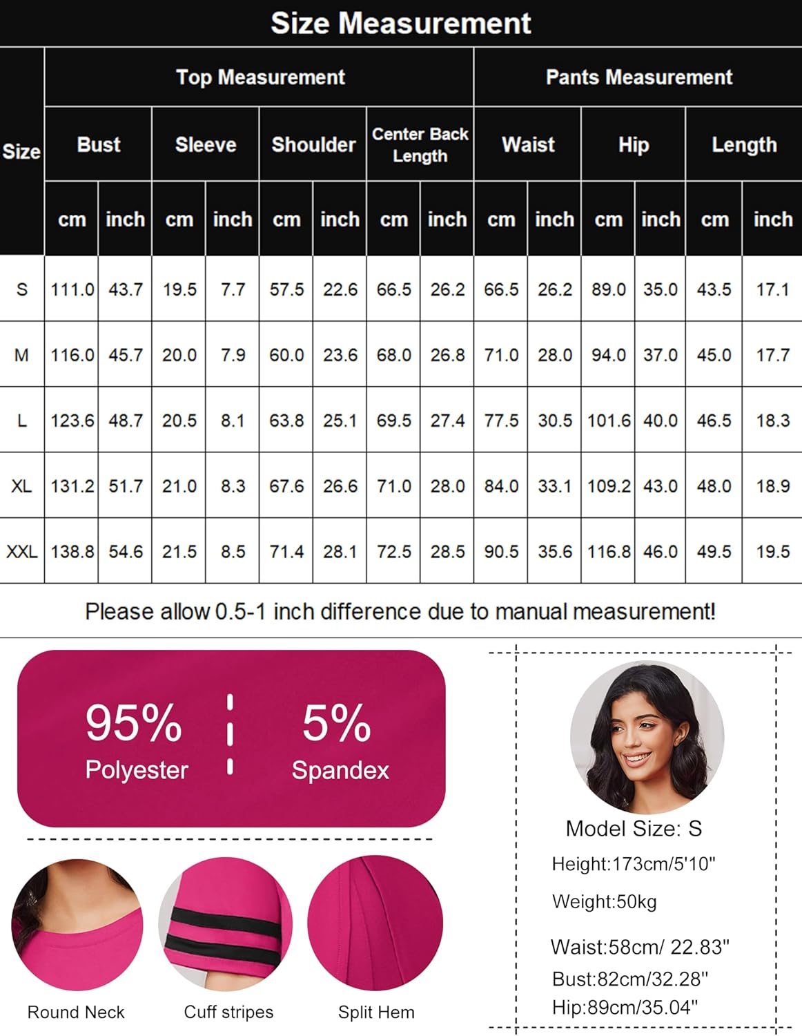 Size measurement chart for 2-piece lounge set with 95% polyester and 5% spandex