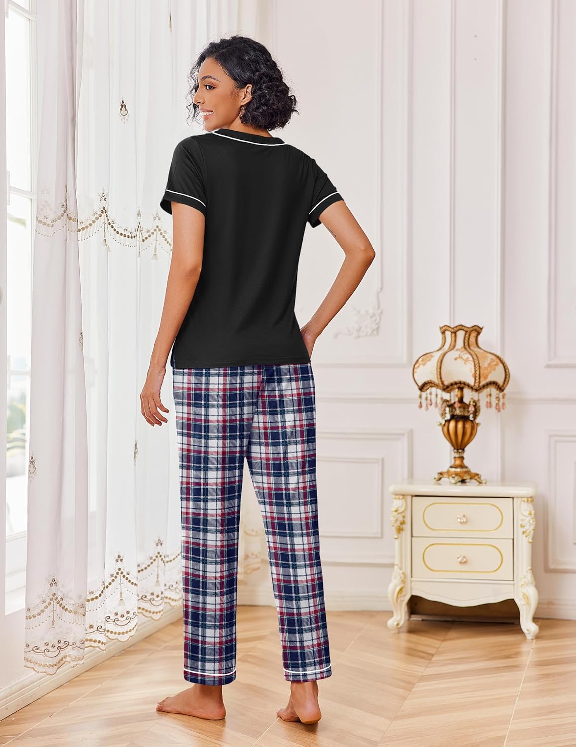 Back view black lounge set: short-sleeve tee and red plaid long pants with cuffs