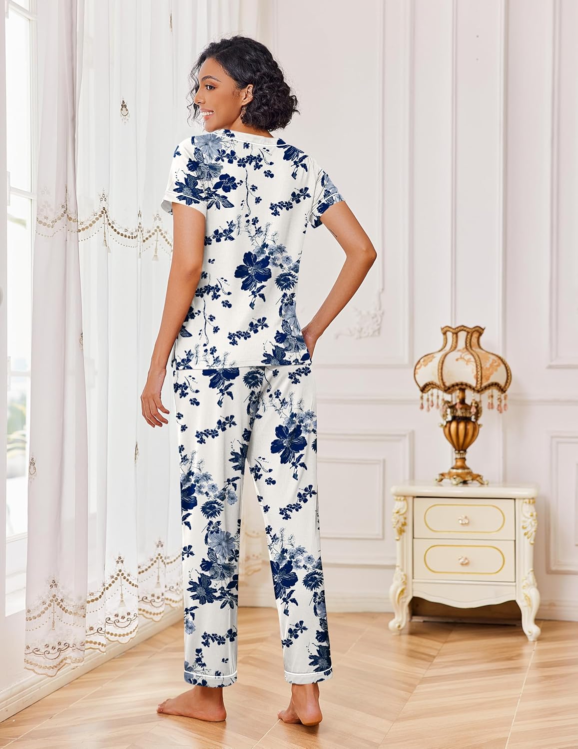 Back view White and Blue Flower set: white V-neck tee with floral long pajama pants