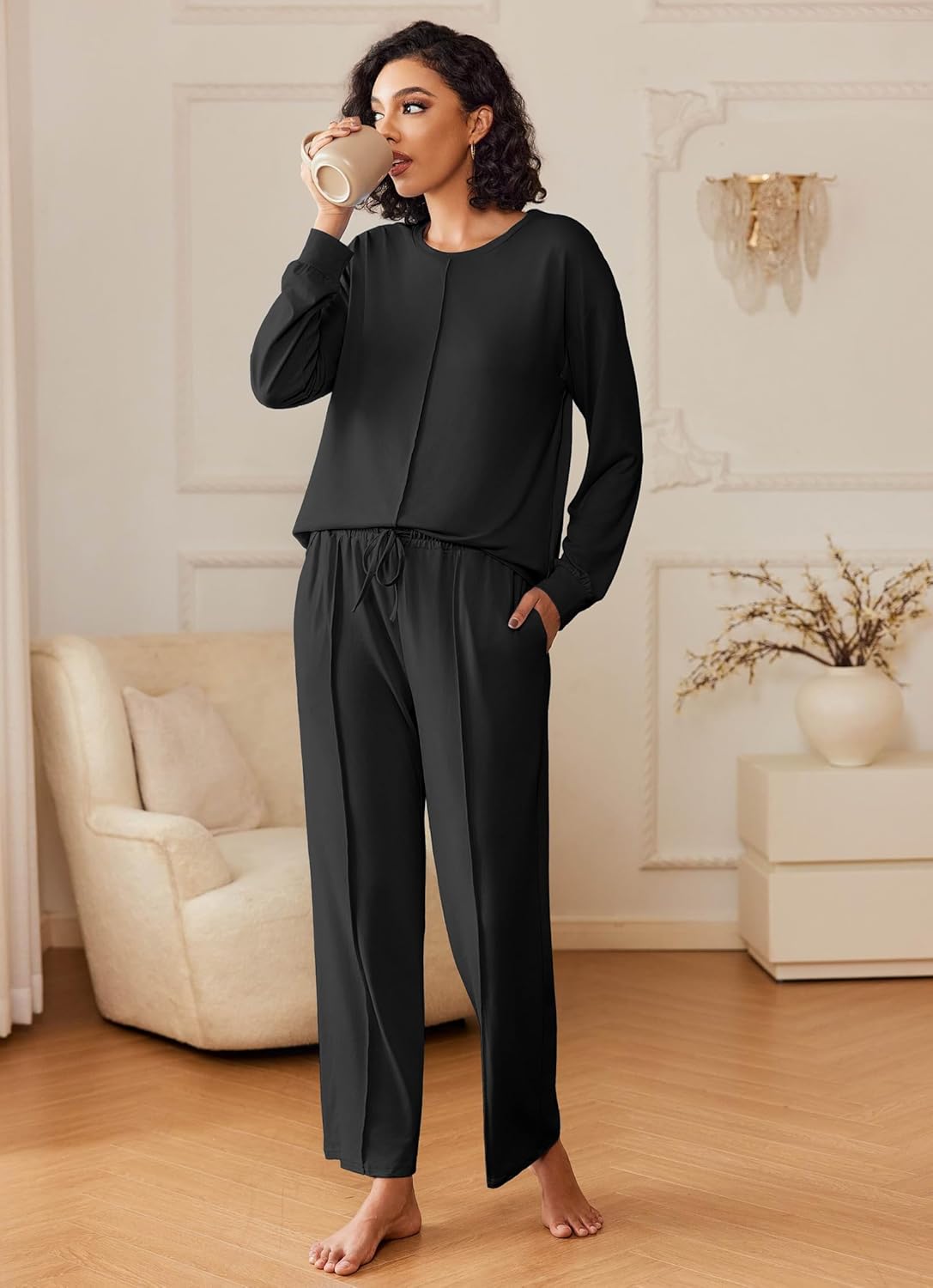 2-piece black lounge pajama set: long sleeves, relaxed pants with drawstring waist