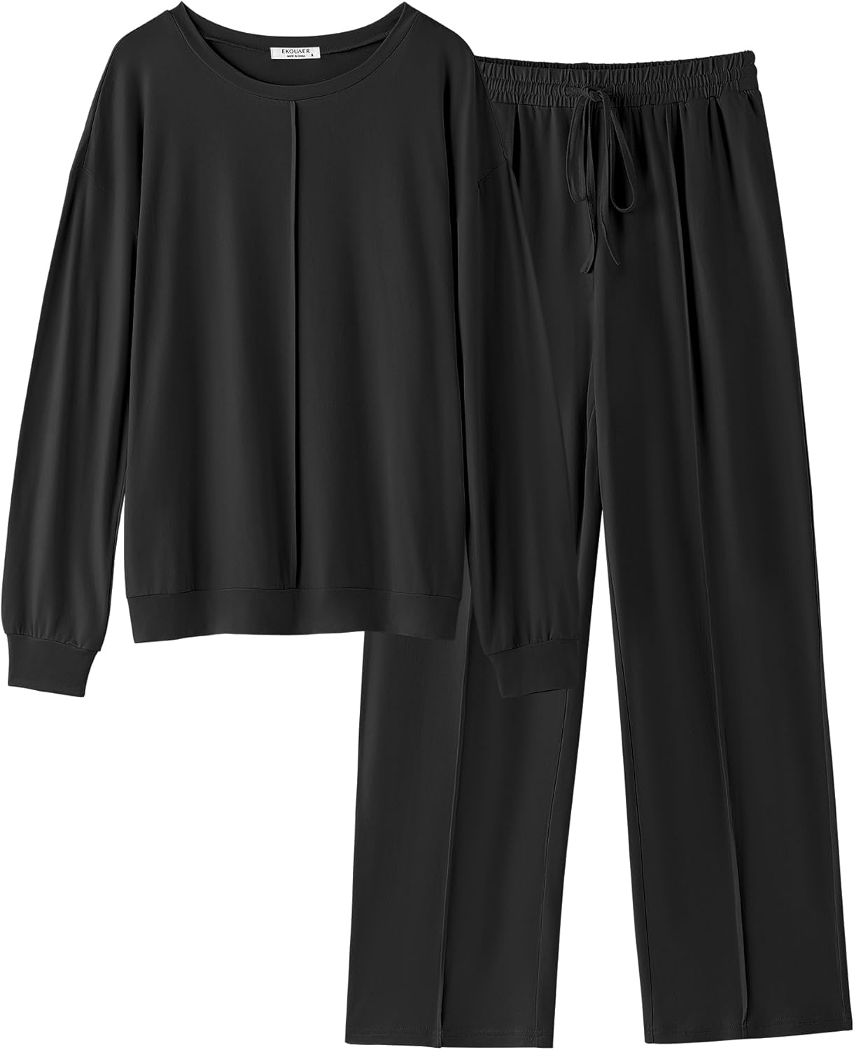Black 2-piece lounge set: long-sleeve top with matching wide-leg pants