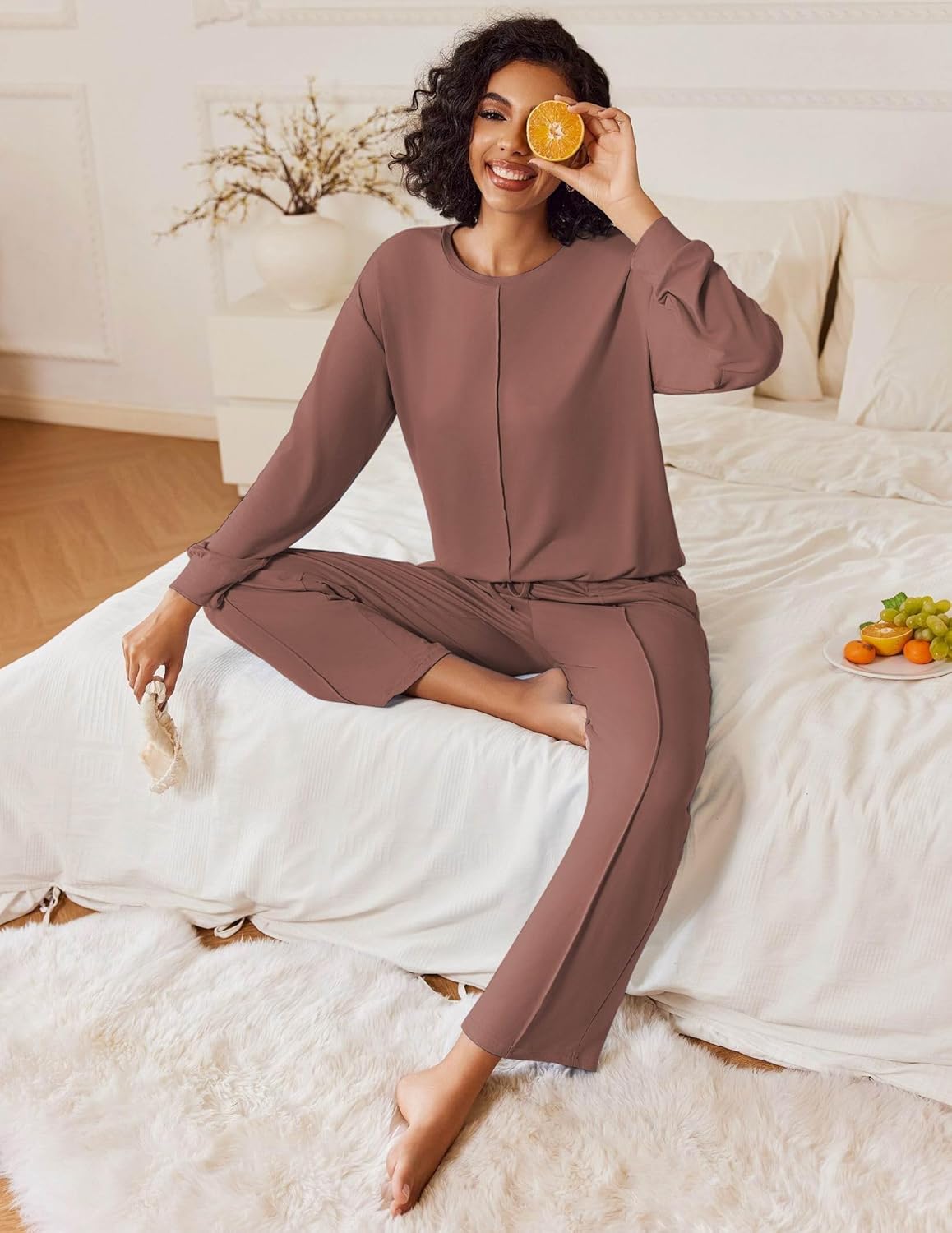 Chocolate brown 2-piece pajama set with long sleeves and drawstring waist lounge pants