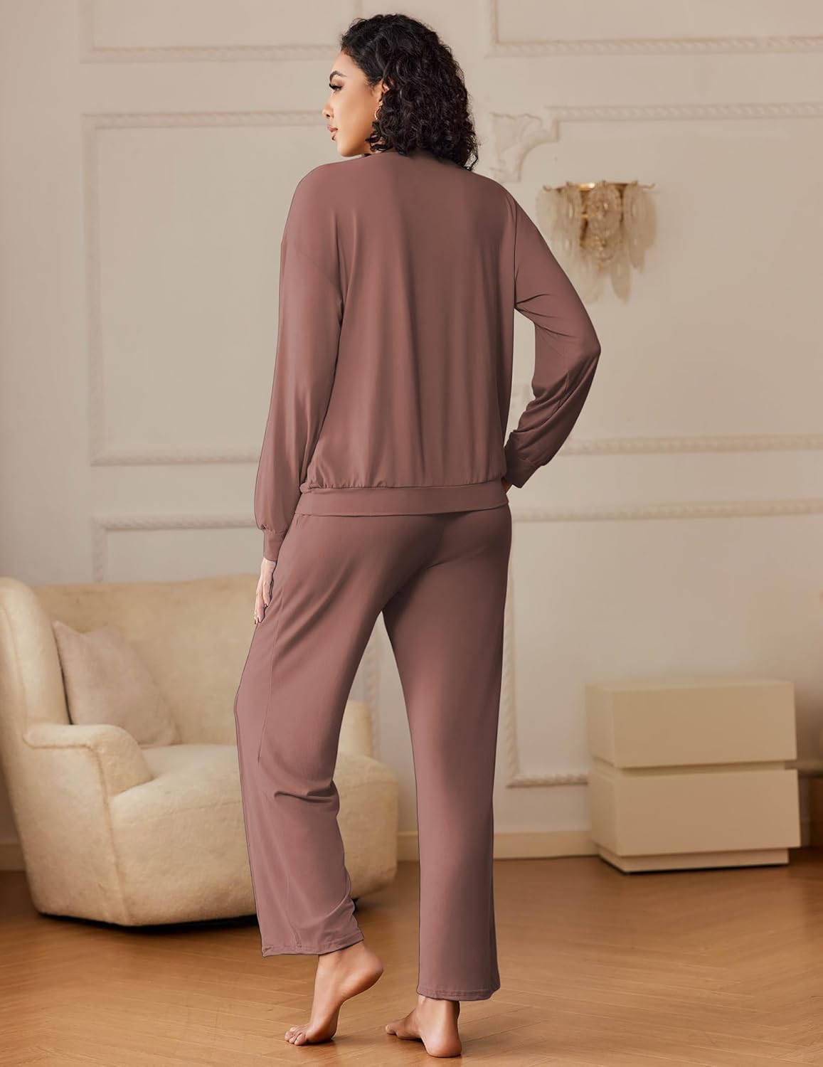Back view of chocolate brown long-sleeve lounge top and matching drawstring pajama pants