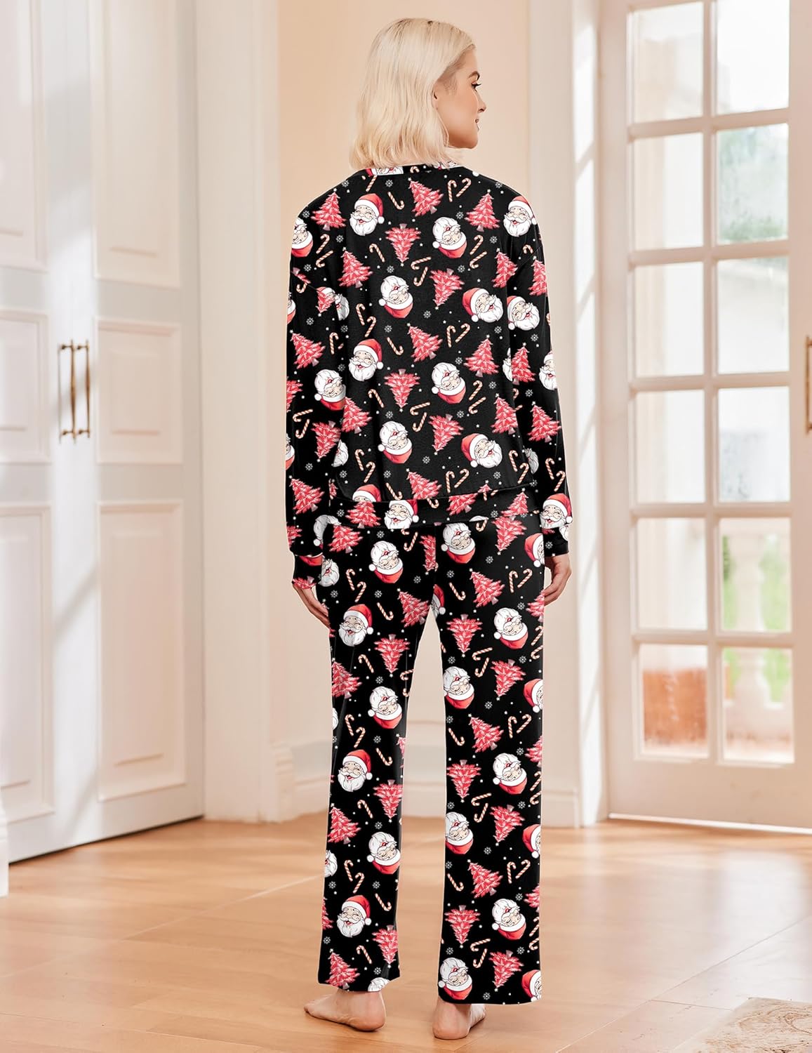 Holiday pajama set with Santa print: long-sleeve top and matching wide-leg pants