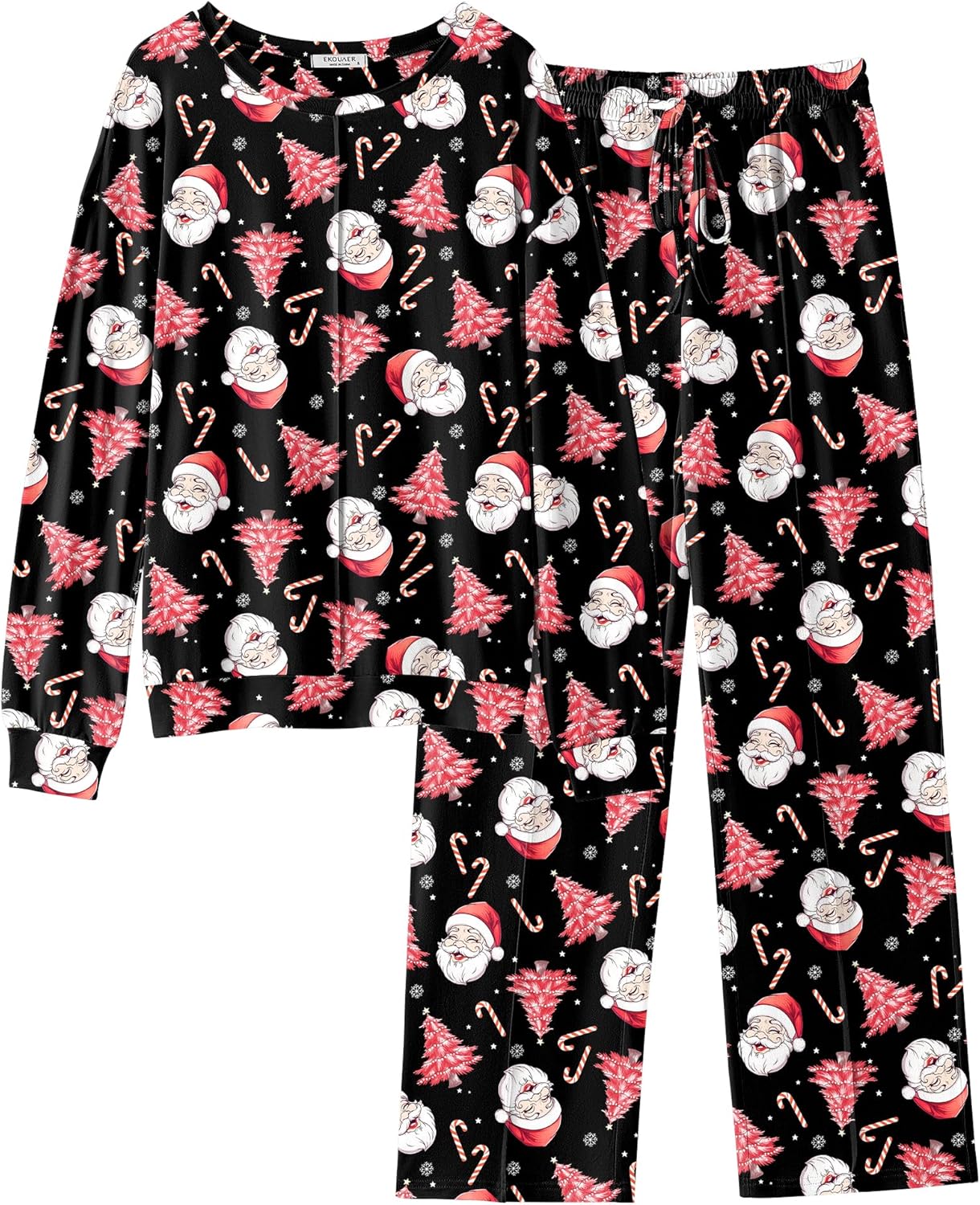 2-piece holiday pajama set: black top and pants with Santa, trees, and candy prints