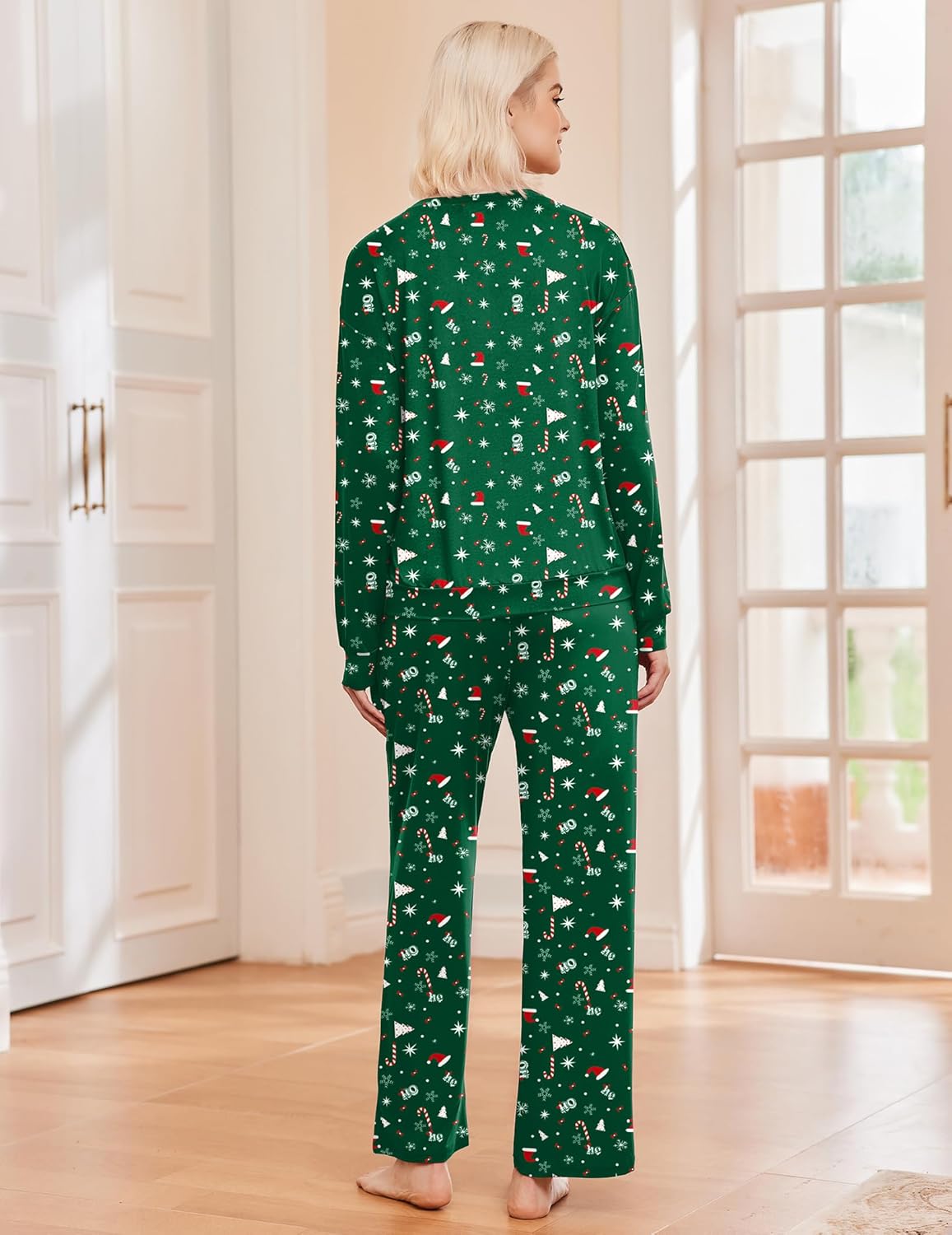 Green Christmas print lounge set, back view: long-sleeve top and wide-leg pants with elastic waist