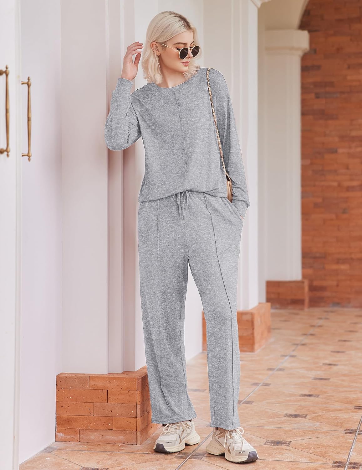 Light gray heather lounge set: long-sleeve top with drawstring waist and wide-leg pants