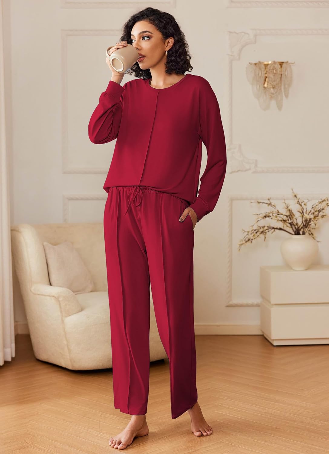 Wine red 2-piece lounge set with long-sleeve top and drawstring pants with pockets