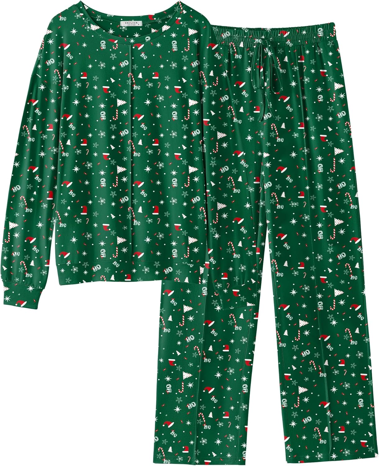 Green Christmas print lounge set: button-front long-sleeve top with wide-leg pants, pockets