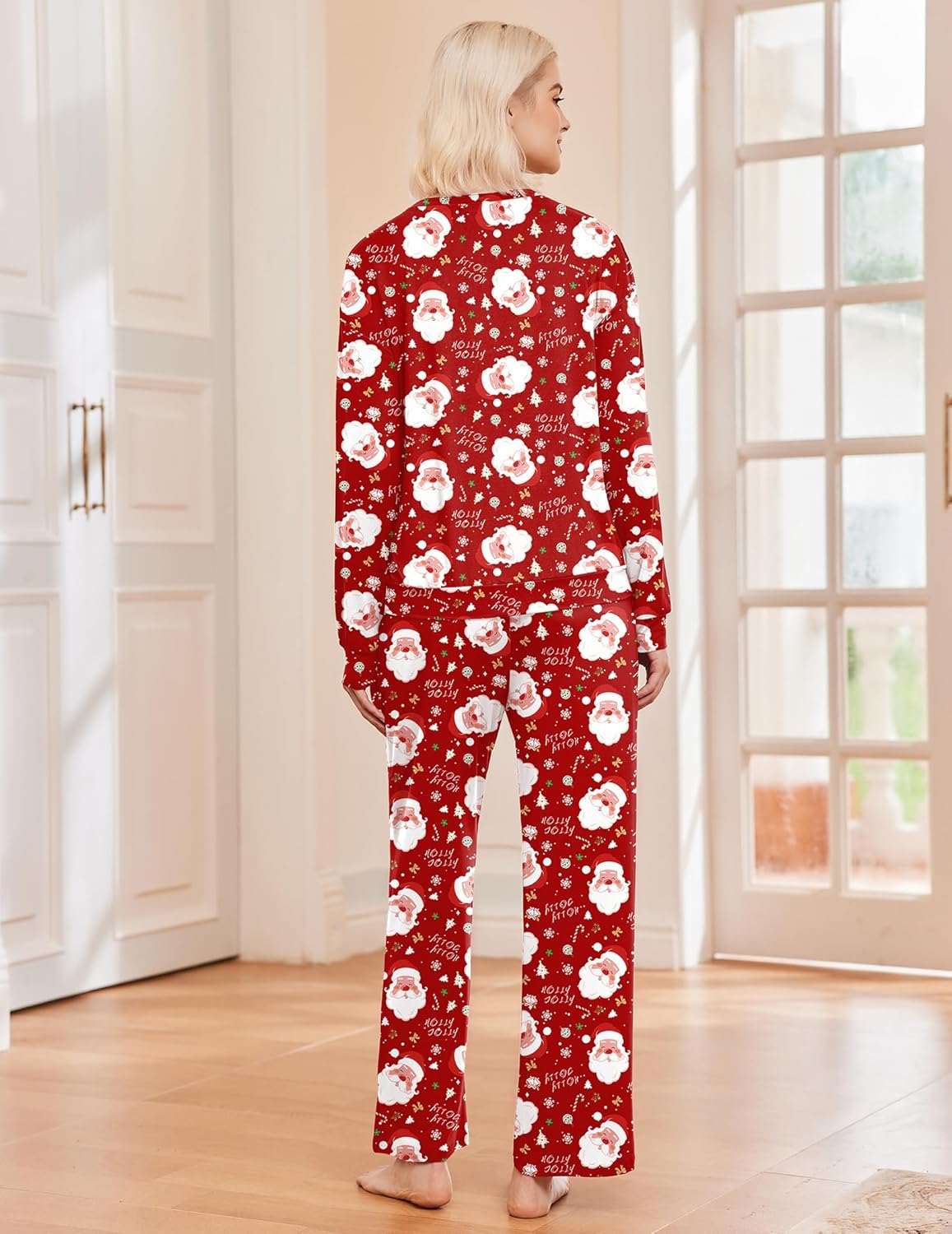 Red holiday pajama set back view: long-sleeve top and matching pants
