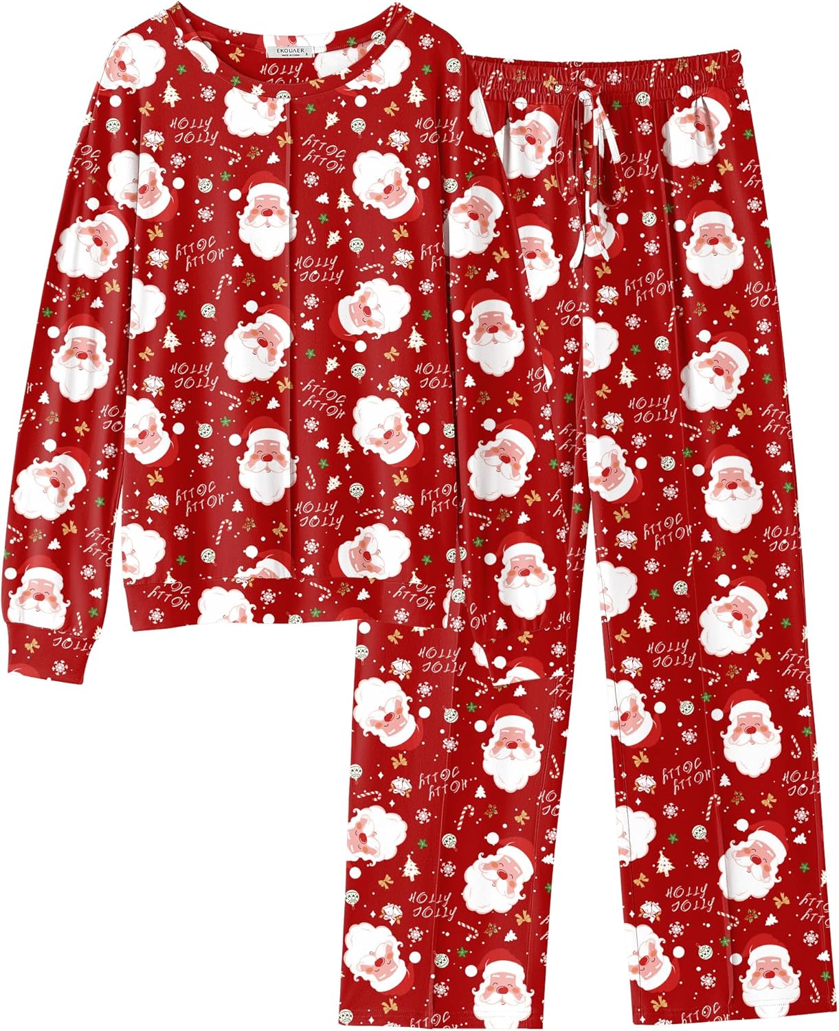 Red holiday 2-piece pajama set with Santa and snowflake print