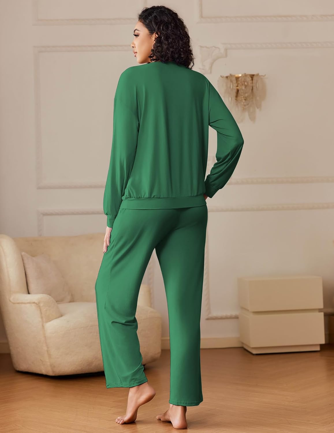 2-piece Christmas green pajama set: long-sleeve top and wide-leg pants with elastic waist