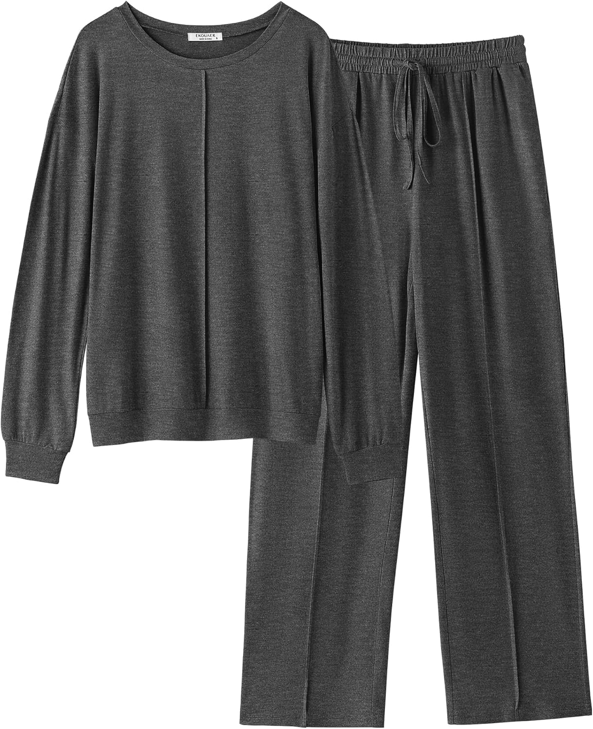 Dark gray 2-piece pajama set: long-sleeve pullover top and drawstring wide-leg pants