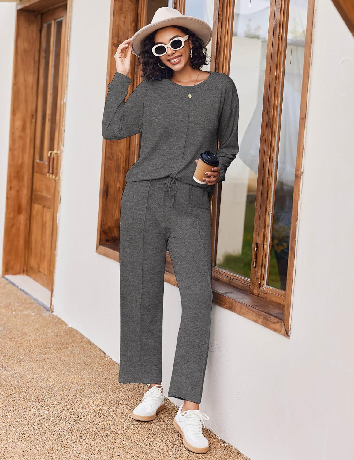 Dark grey 2-piece lounge set with long sleeves and drawstring-waist wide-leg pants