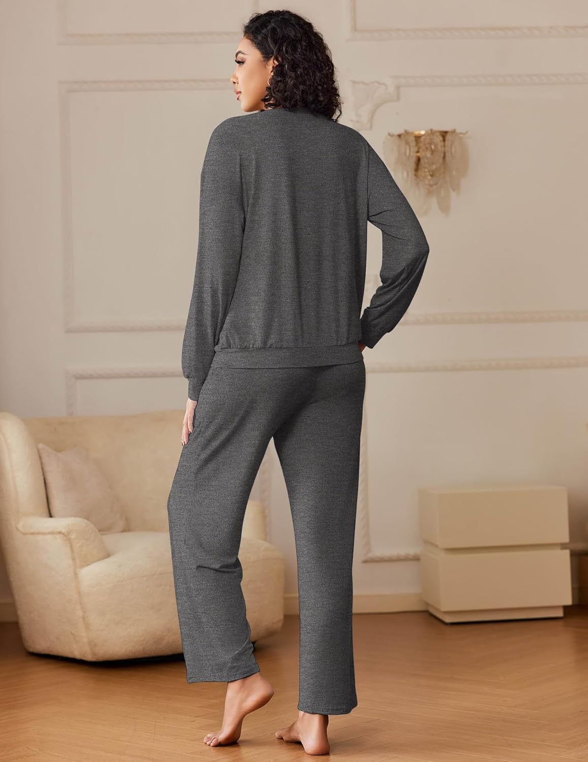 Dark gray pajama set, back view: long-sleeve top and straight-leg drawstring pants