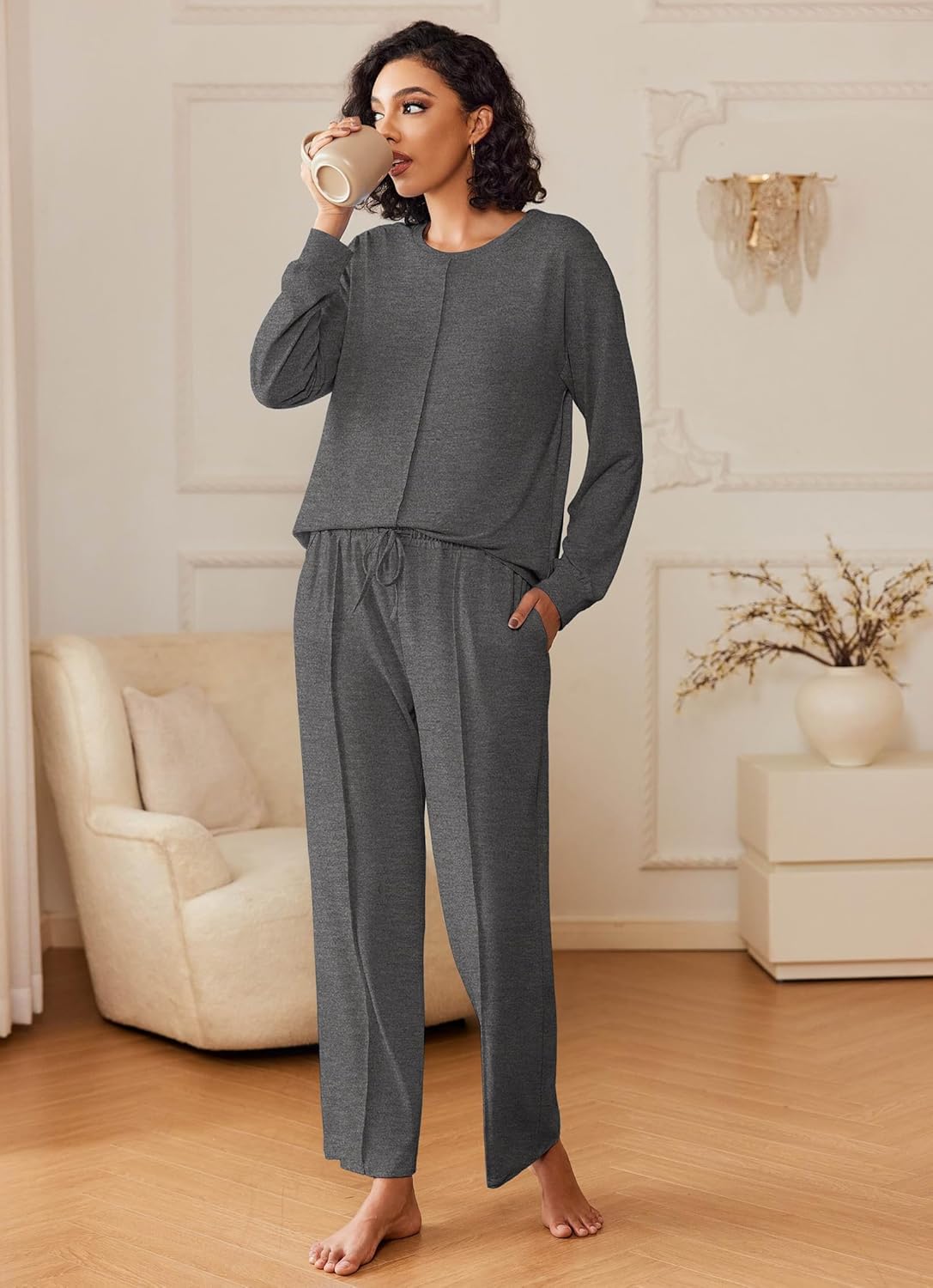 Dark gray 2-piece lounge set: long-sleeve top and drawstring pants, full-body front view