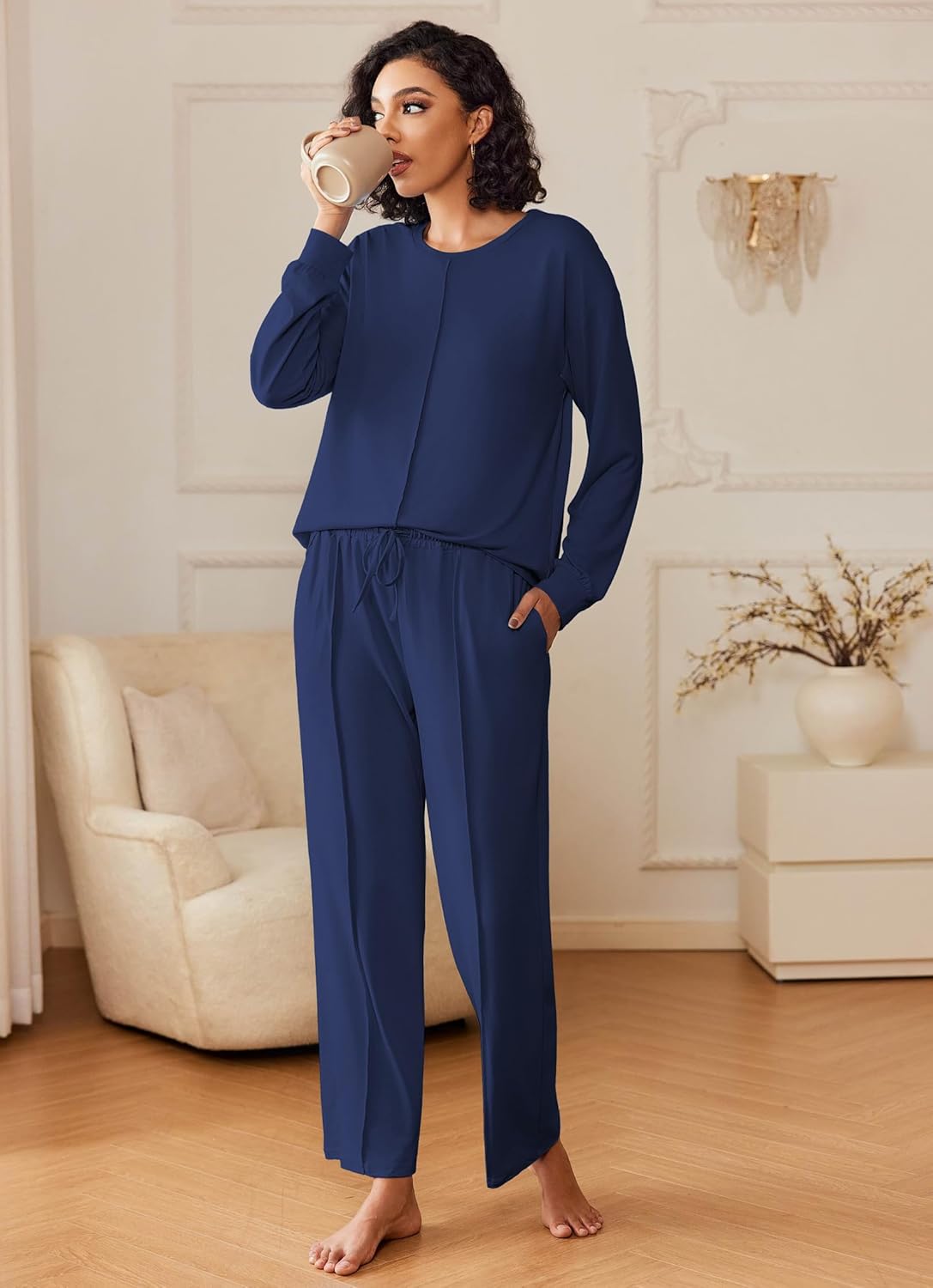 Navy 2-piece lounge set: long-sleeve top and elastic-waist wide pants