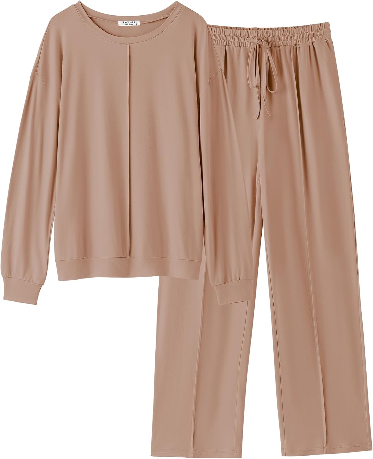 Beige 2-piece lounge set flat lay: pullover top and wide-leg pants